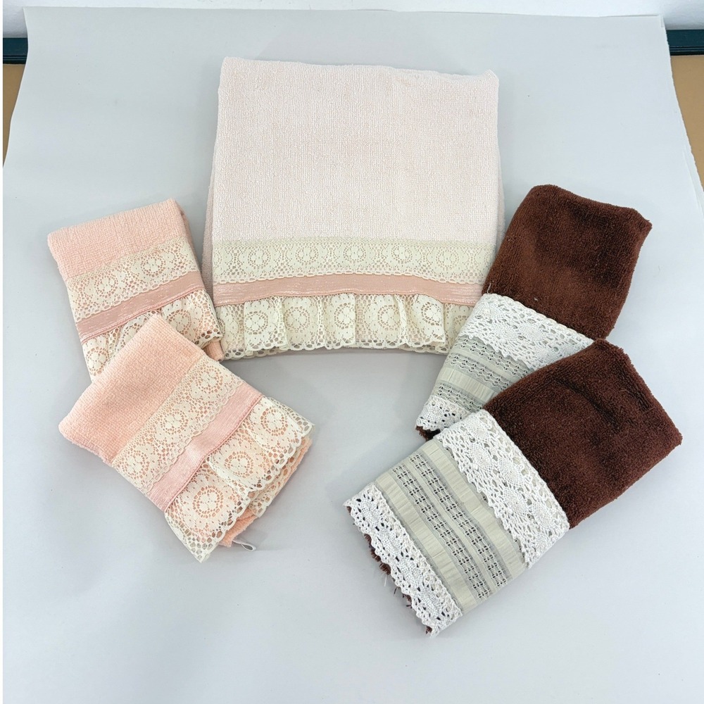 Vintage Martex Cannon Lace Trim Towel Set 5pc Pink Brown Cotton Cottage Coquette
